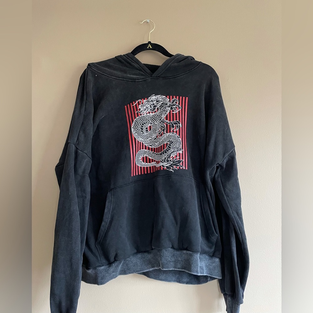Adika Black Washed-Out Hoody with Dragon Print
